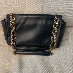 Black Leather Shoulder Bag with Gold Chain Straps